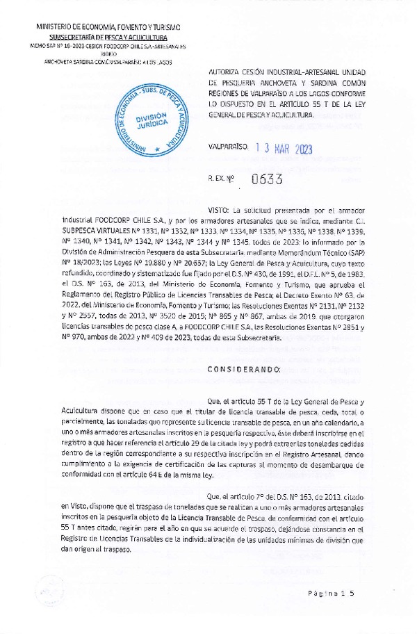 Res. Ex N° 0633-2023, Autoriza Cesión Anchoveta y Sardina Común Regiones de Valparaíso de Los Lagos. (Publicado en Página Web 14-03-2023)