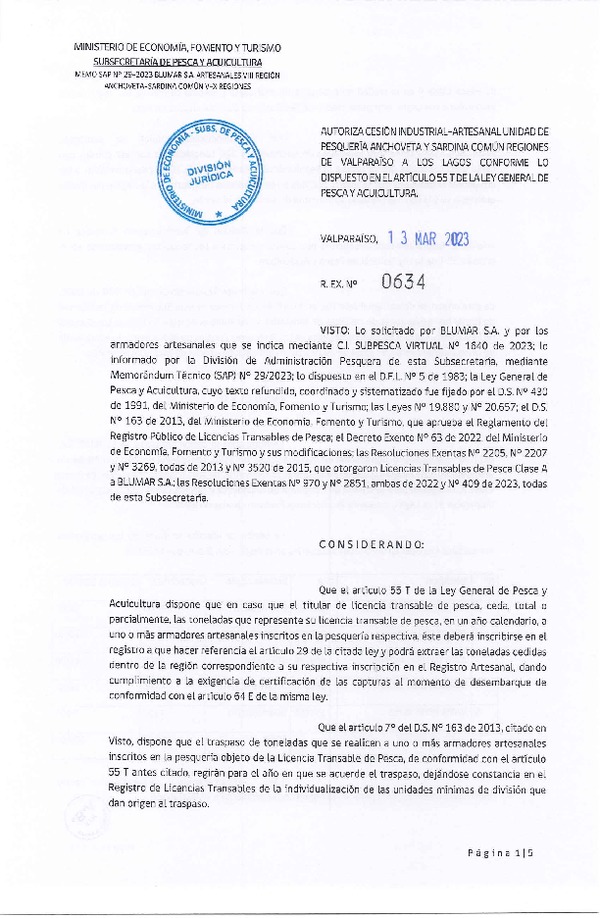 Res. Ex N° 0634-2023, Autoriza Cesión Anchoveta y Sardina Común Regiones de Valparaíso de Los Lagos. (Publicado en Página Web 14-03-2023)