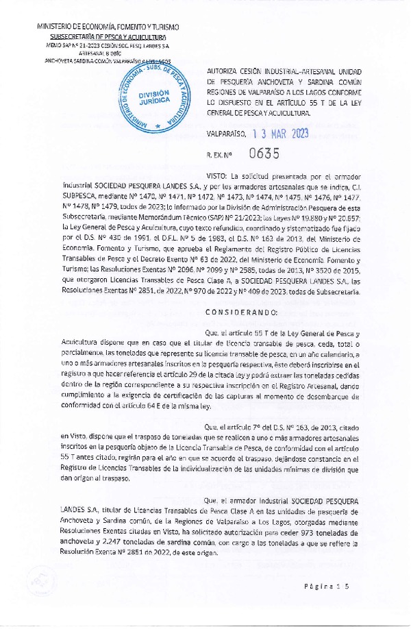 Res. Ex N° 0635-2023, Autoriza Cesión Anchoveta y Sardina Común Regiones de Valparaíso de Los Lagos. (Publicado en Página Web 14-03-2023)