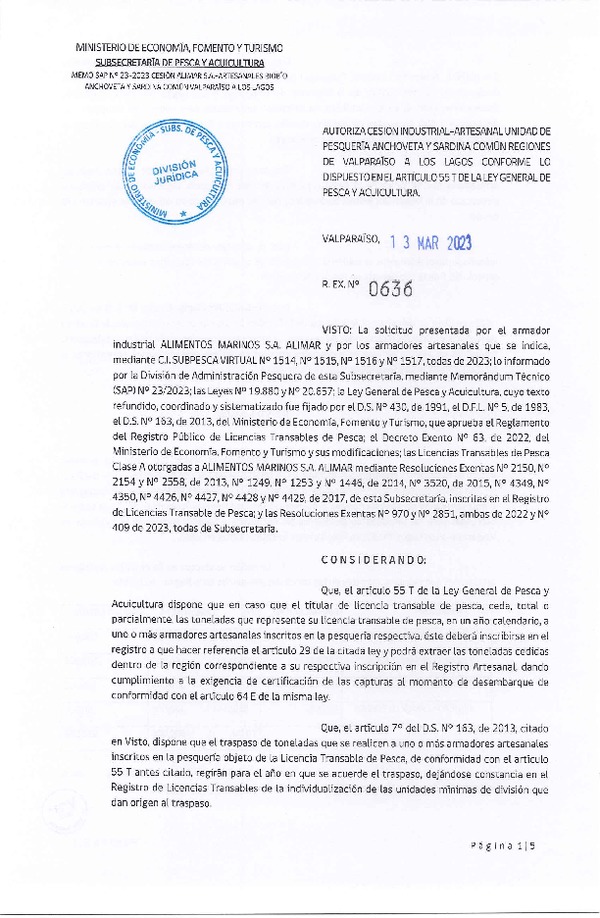 Res. Ex N° 0636-2023, Autoriza Cesión Anchoveta y Sardina Común Regiones de Valparaíso de Los Lagos. (Publicado en Página Web 14-03-2023)