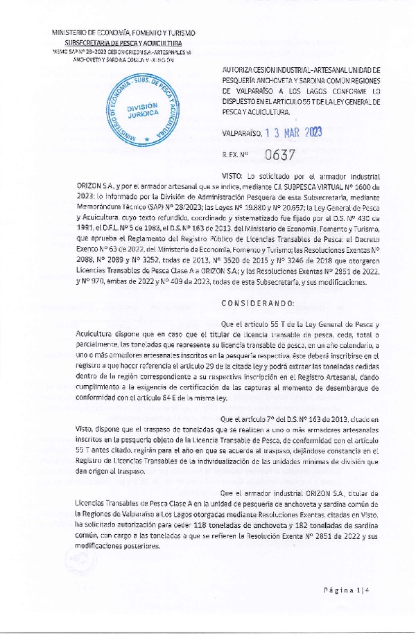 Res. Ex N° 0637-2023, Autoriza Cesión Anchoveta y Sardina Común Regiones de Valparaíso de Los Lagos. (Publicado en Página Web 14-03-2023)