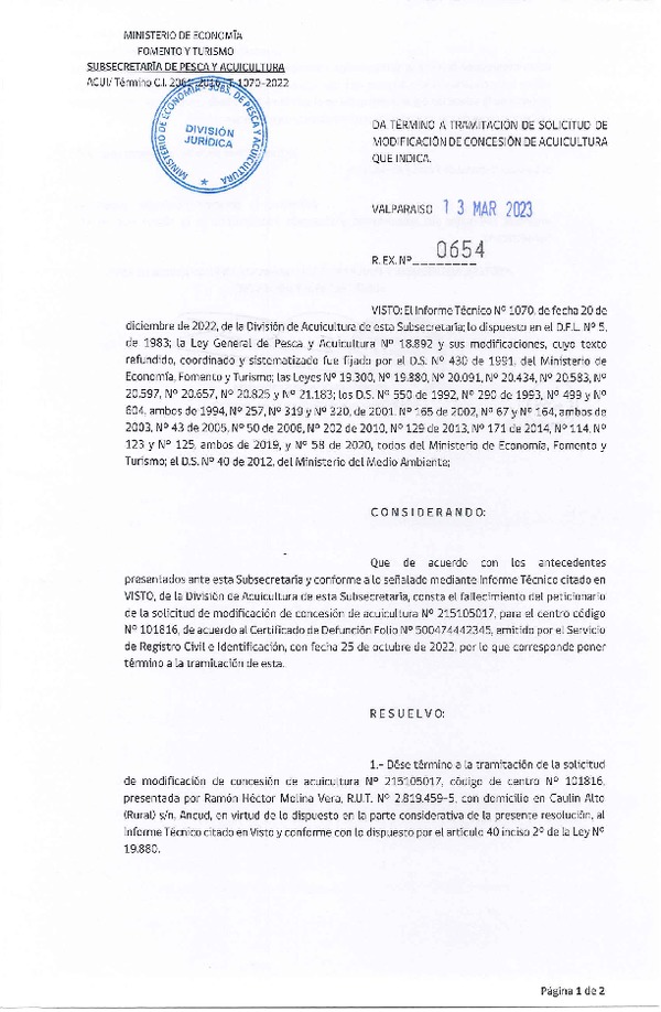 Res. Ex. N° 0654-2023 Da termino a tramitación de solicitud de modificación de concesión de acuicultura que indica.