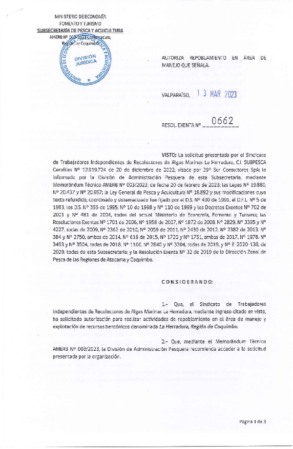 Res. Ex. N° 0662-2023 Autoriza repoblamiento. (Publicado en Página Web 15-03-2023)