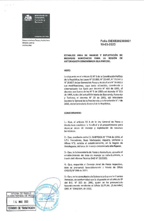 Dec. Ex. Folio N° DEXE202300021 Establece Área de Manejo Isla Paposo, Región de Antofagasta. (Publicado en Página Web 15-03-2023)