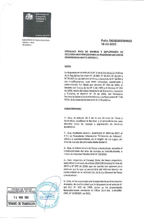 Dec. Ex. Folio N° DEXE202300022 Establece Área de Manejo Huito Sector C, Región de Los Lagos. (Publicado en Página Web 15-03-2023)