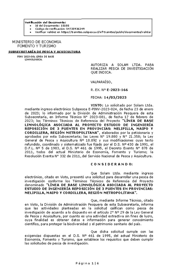 Res. Ex. N° 0166-2023 AUTORIZA A SOLAM LTDA. PARA REALIZAR PESCA DE INVESTIGACIÓN QUE INDICA. (Publicado en Página Web 15-03-2023)