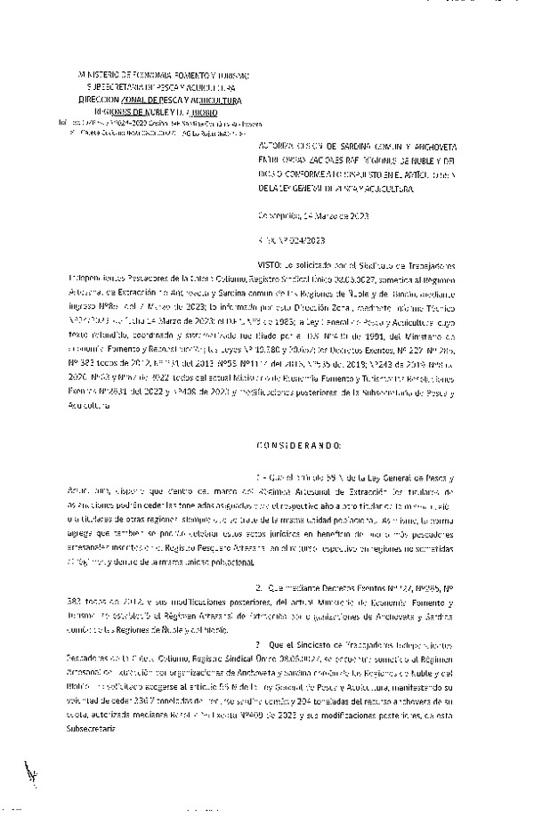 Res. Ex. N° 024-2023 (DZP Ñuble y del Biobío) Autoriza cesión Sardina común y Anchoveta. (Publicado en Página Web 16-03-2023)
