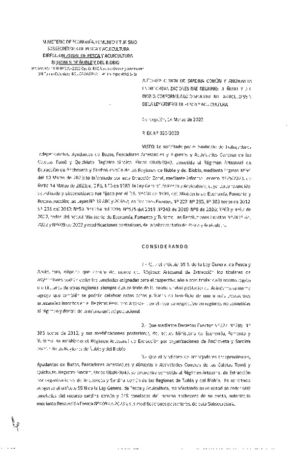 Res. Ex. N° 025-2023 (DZP Ñuble y del Biobío) Autoriza cesión Sardina común y Anchoveta. (Publicado en Página Web 16-03-2023)