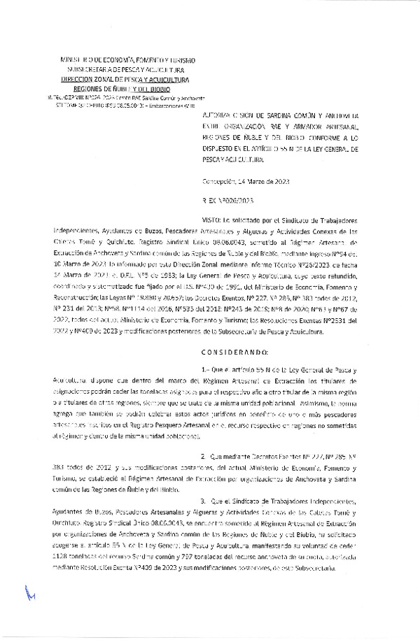 Res. Ex. N° 026-2023 (DZP Ñuble y del Biobío) Autoriza cesión Sardina común y Anchoveta. (Publicado en Página Web 16-03-2023)