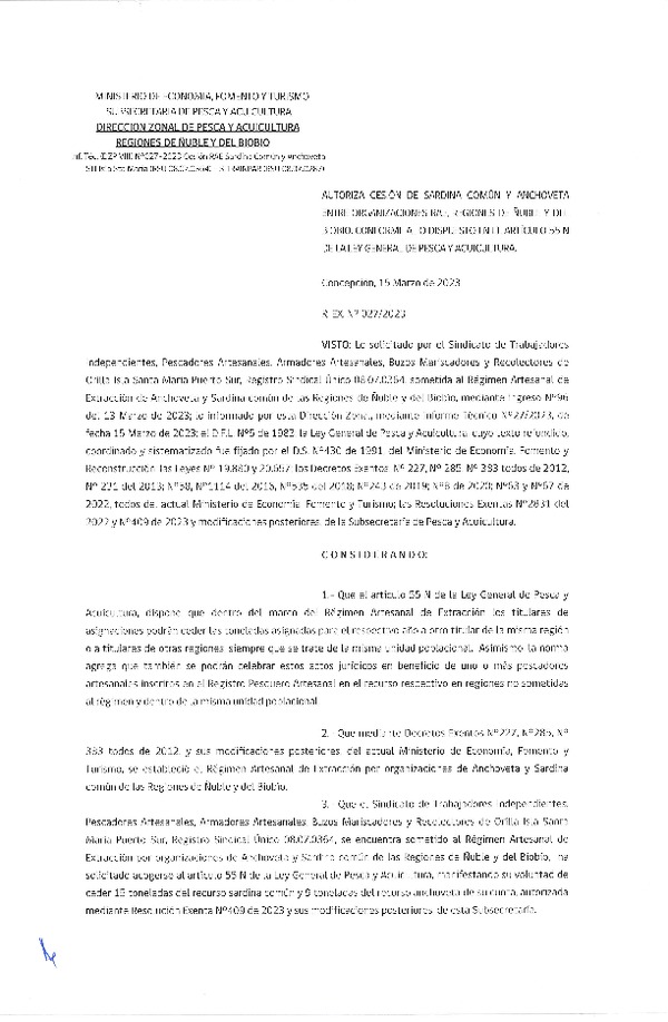 Res. Ex. N° 027-2023 (DZP Ñuble y del Biobío) Autoriza cesión Sardina común y Anchoveta. (Publicado en Página Web 16-03-2023)