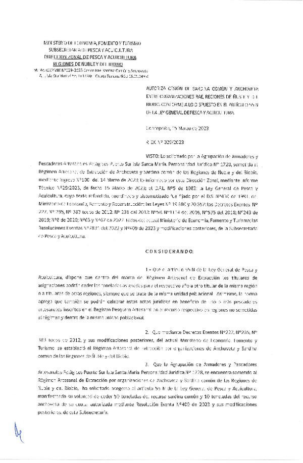 Res. Ex. N° 029-2023 (DZP Ñuble y del Biobío) Autoriza cesión Sardina común y Anchoveta. (Publicado en Página Web 16-03-2023)