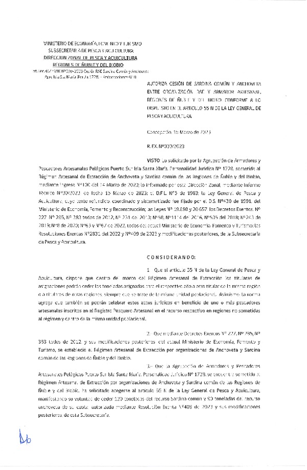 Res. Ex. N° 030-2023 (DZP Ñuble y del Biobío) Autoriza cesión Sardina común y Anchoveta. (Publicado en Página Web 16-03-2023)