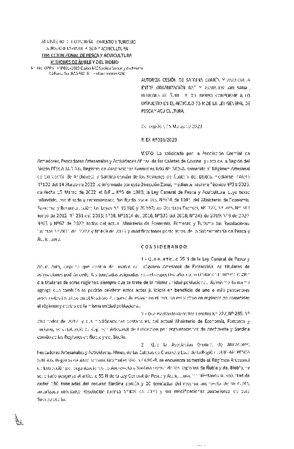 Res. Ex. N° 031-2023 (DZP Ñuble y del Biobío) Autoriza cesión Sardina común y Anchoveta. (Publicado en Página Web 16-03-2023)