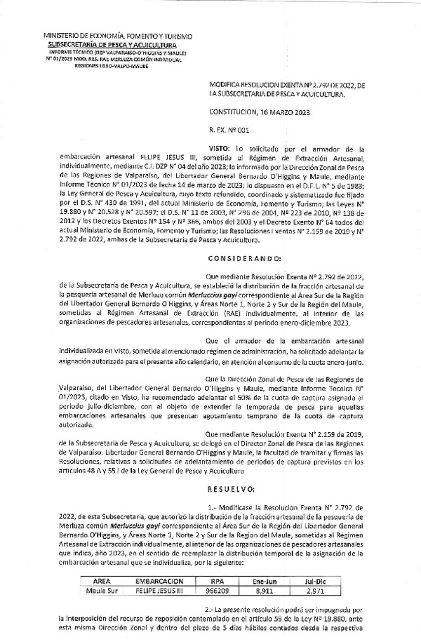 Res. Ex. N° 001-2023 (DZP Valparaíso-O'Higgins-Maule) Modifica Res. Ex. N° 2792-2022 Establece Distribución de la Fracción Artesanal de Merluza Común Individual, en Área que Indica, Año 2023. (Publicado en Página Web 16-03-2023)