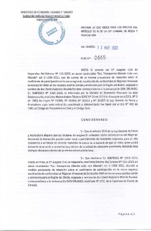 Res. Ex. N° 0665-2023 Informa lo que Indica para los Efectos del Artículo 55 N de la Ley General de Pesca y Acuicultura. (Publicado en Página Web 16-03-2023)