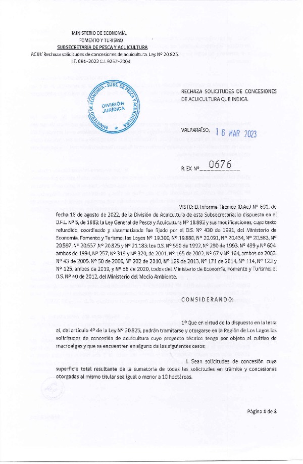 Res. Ex. N° 0676-2023 Rechaza solicitudes de concesiones de acuicultura que indica.