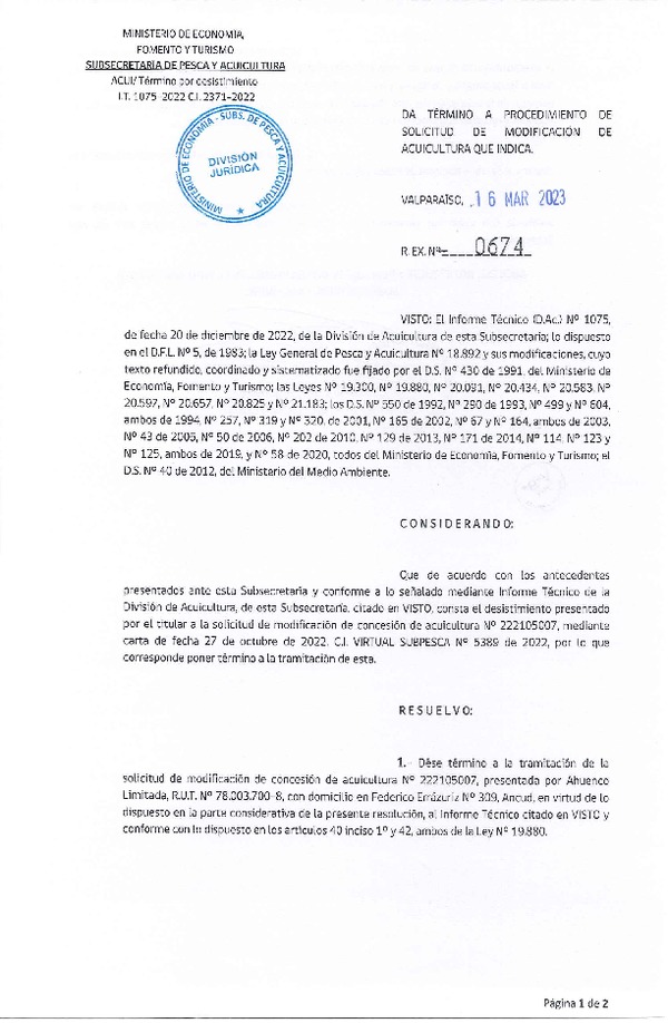 Res. Ex. N° 0674-2023 Da término a procedimiento de solicitud modificación de acuicultura que indica.