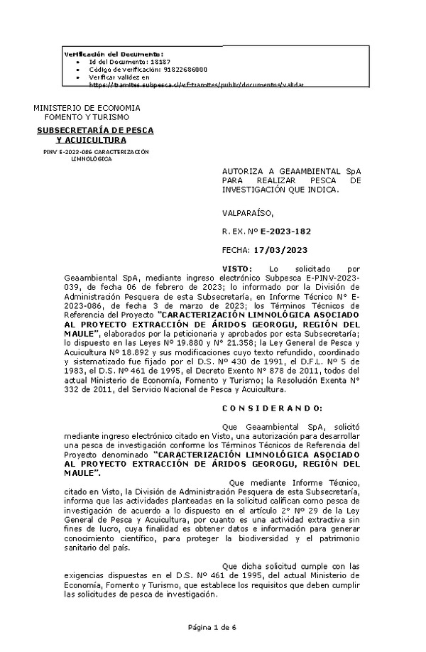 Res. Ex. N° 0182-2023 AUTORIZA A GEAAMBIENTAL SpA PARA REALIZAR PESCA DE INVESTIGACIÓN QUE INDICA. (Publicado en Página Web 17-03-2023)