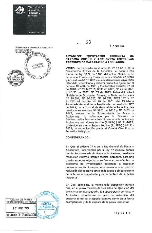 Dec. Ex. N° 20-2023 Establece Imputación Conjunta de Sardina común y Anchoveta,Entre las Regiones de Valparaíso a Los Lagos. (Publicado en Página Web 17-03-2023)
