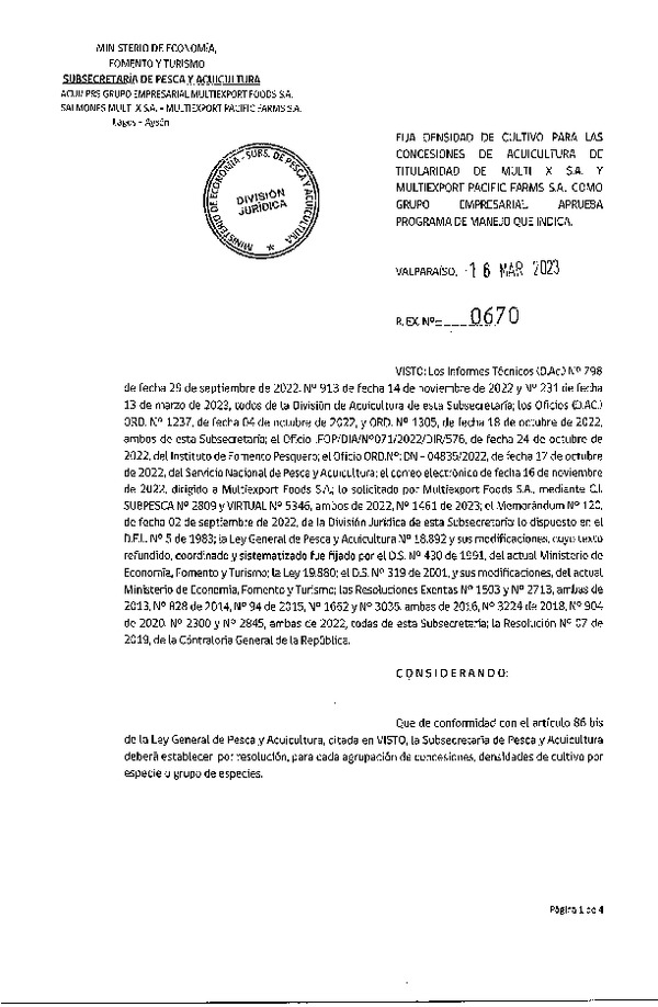 Res. Ex. N°0670-2023 Fija densidad de cultivo para las concesiones de Acuicultura de Titularidad de Multi X S.A. y Multiexport Pacific Farms S.A., como grupo empresarial. Aprueba programa de manejo que indica. (Publicado en Página Web 17-03-2023)