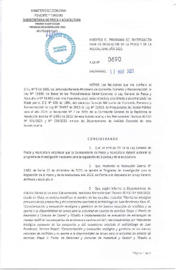 Res. Ex. N° 0690-2023 Modifica Res. Ex. N° 2682-2022 Aprueba Programa de Investigación para la Regulación de la Pesca y de la Acuicultura, Año 2023. (Publicado en Página Web 17-03-2023)