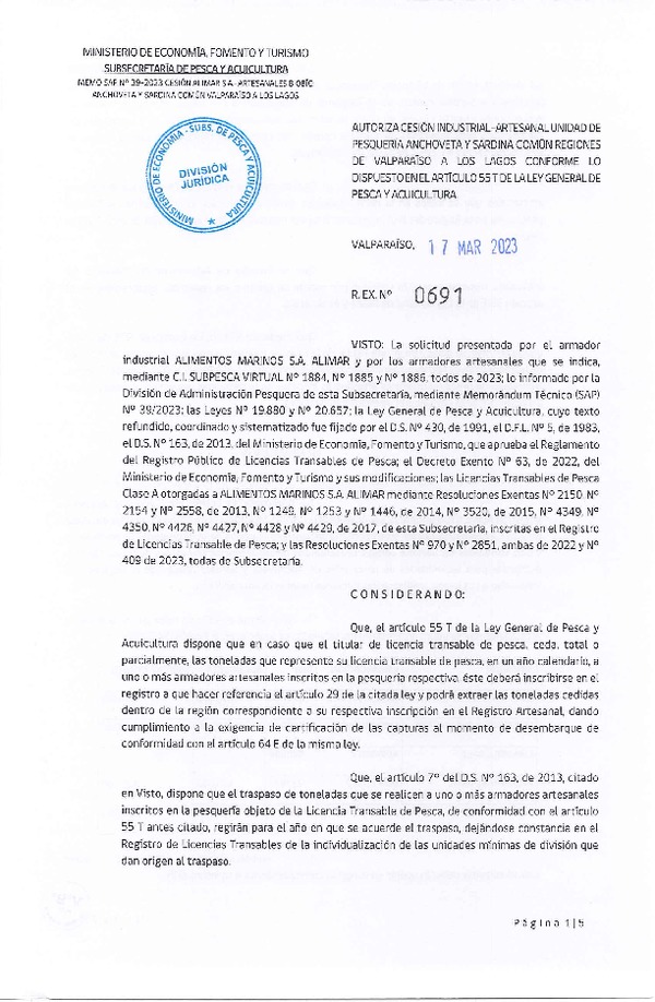 Res. Ex N° 0691-2023, Autoriza Cesión Anchoveta y Sardina Común Regiones de Valparaíso de Los Lagos. (Publicado en Página Web 17-03-2023)