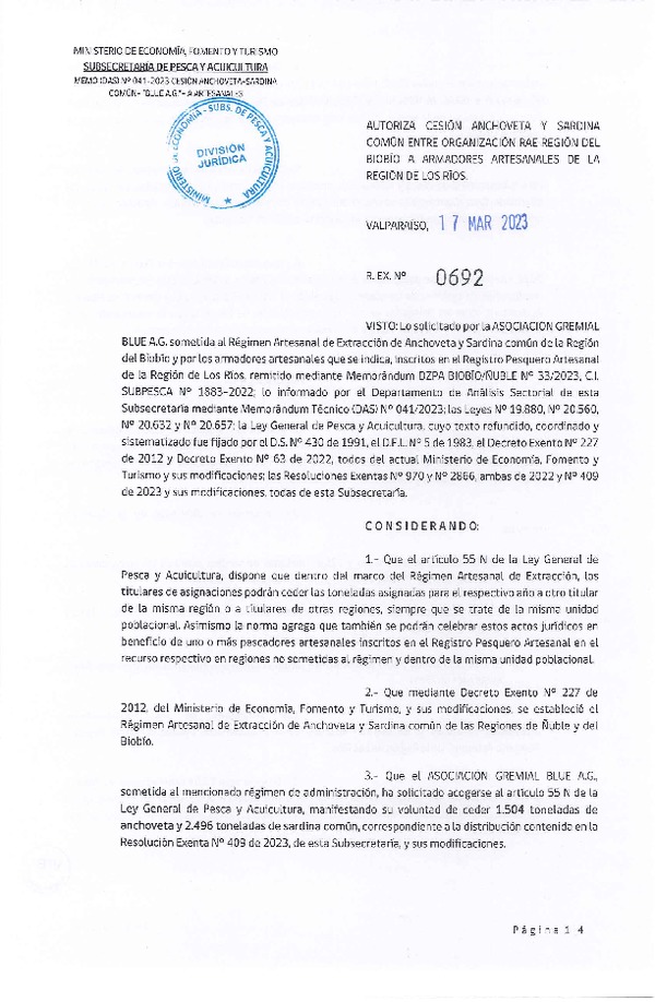 Res. Ex. N° 0692-2023 Autoriza Cesión de Anchoveta y Sardina común, Regiones del Biobío a Los Ríos. (Publicado en Página Web 17-03-2023)