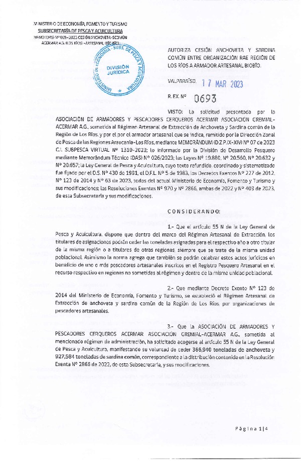 Res. Ex. N° 0693-2023 Autoriza Cesión de Anchoveta y Sardina común, Región de Los Ríos a Biobío. (Publicado en Página Web 17-03-2023)