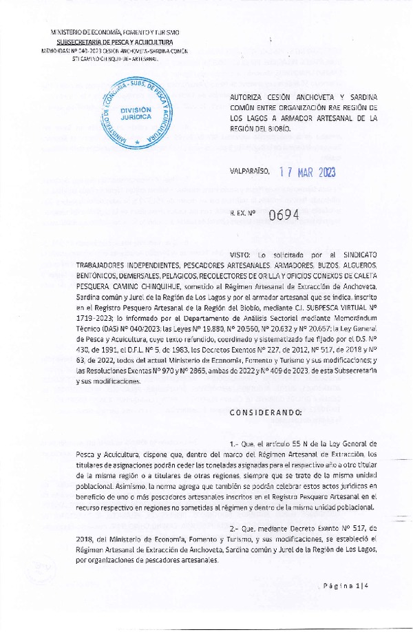 Res. Ex. N° 0694-2023 Autoriza Cesión de Anchoveta y Sardina común, Región de Los Lagos al Biobío. (Publicado en Página Web 17-03-2023)