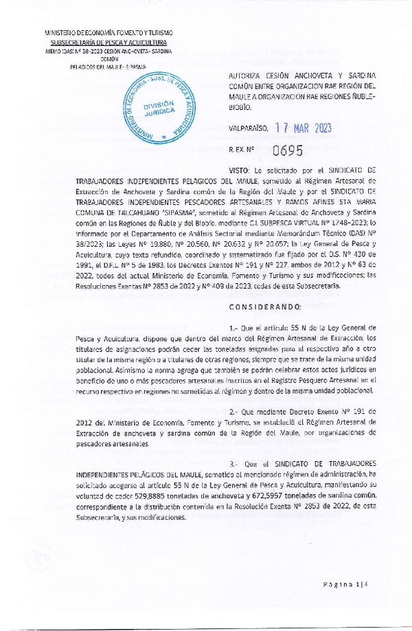 Res. Ex. N° 0695-2023 Autoriza Cesión de Anchoveta y Sardina común, Región del Maule a Ñuble-Biobío. (Publicado en Página Web 20-03-2023)