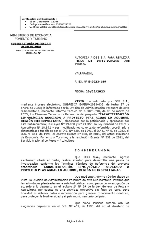 Res. Ex. N° 0189-2023 AUTORIZA A DSS S.A. PARA REALIZAR PESCA DE INVESTIGACIÓN QUE INDICA. (Publicado en Página Web 20-03-2023)