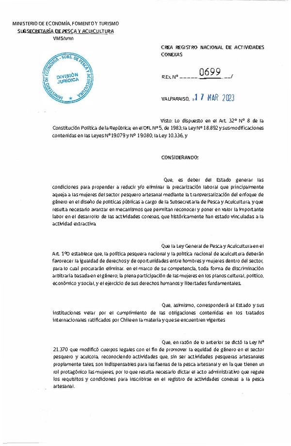 Res. Ex. N° 0699 Crea Registro Nacional de Actividades Conexas. (Publicado en Página Web 20-03-2023)