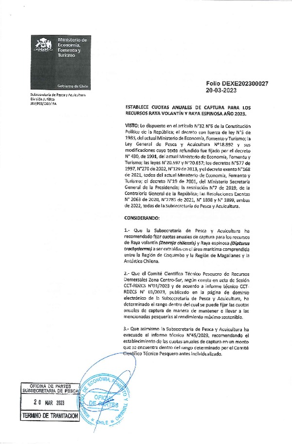 Dec. Ex. Folio N° 202300027 Establece Cuotas Anuales de Captura para los Recursos Raya Volantín y Raya Espinosa Año 2023. (Publicado en Página Web 21-03-2023)