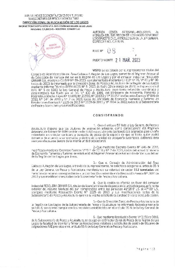 Res. Ex. N° 08-2023 (DZP Región de Los Lagos) Autoriza cesión Merluza del Sur. (Publicado en Página Web 21-03-2023)