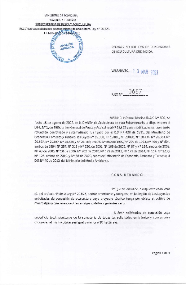 Res. Ex. N° 0657-2023 Rechaza solicitudes de concesiones de acuicultura que indica.