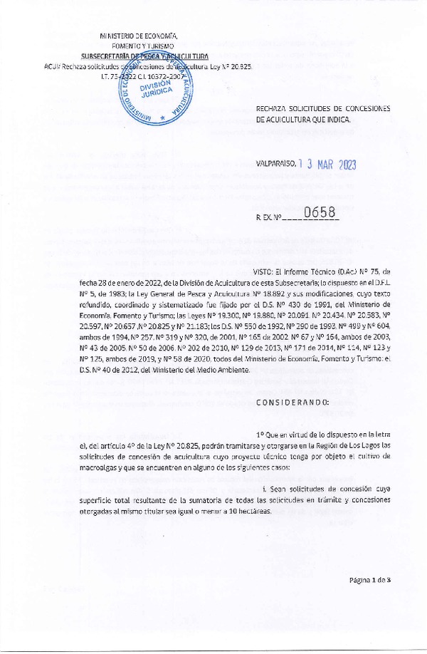 Res. Ex. N° 0658-2023 Rechaza solicitudes de concesiones de acuicultura que indica.