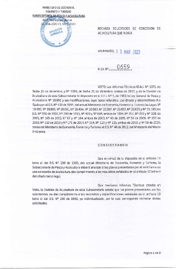 Res. Ex. N° 0659-2023 Rechaza solicitudes de concesiones de acuicultura que indica.