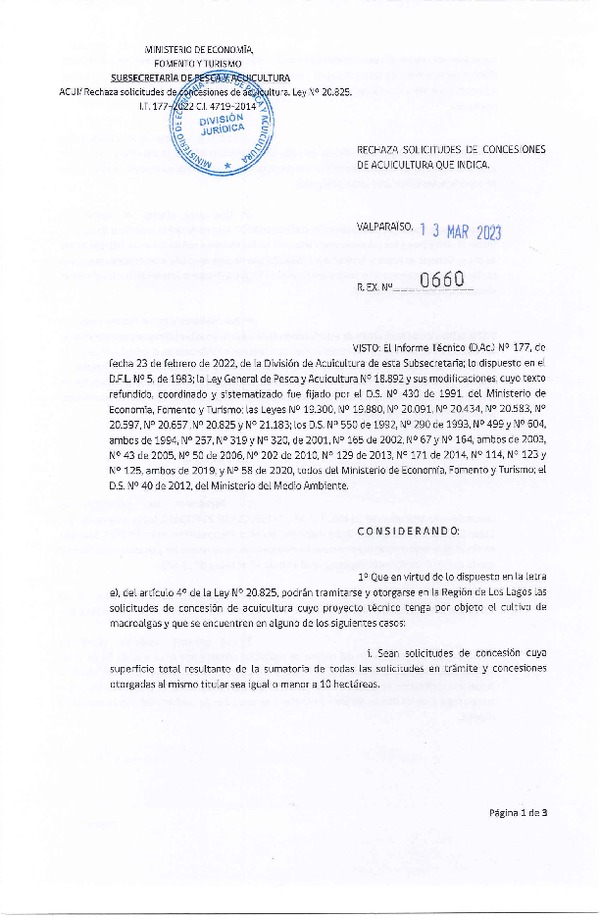 Res. Ex. N° 0660-2023 Rechaza solicitudes de concesiones de acuicultura que indica.