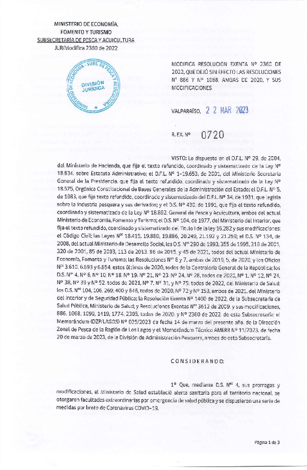 Res. Ex. N° 0720-2023 Modifica Res. Ex. N° 2360-2022 que Dejó sin efecto Resoluciones N° 886 y N° 1068, ambas de 2020 y sus Modificaciones. (Publicado en Página Web 23-03-2023)