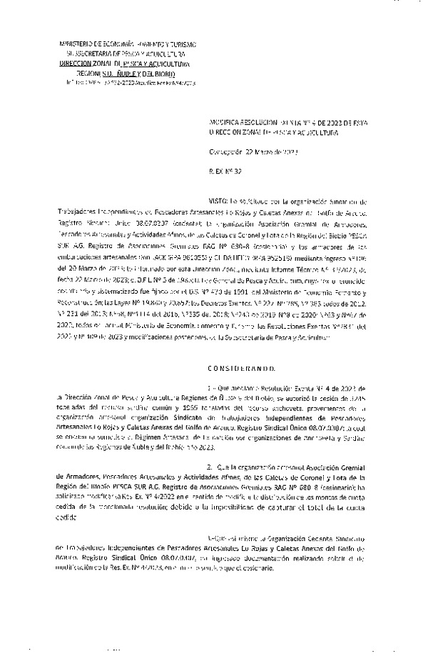 Res. Ex. N° 032-2023 Modifica Res. Ex. N° 004-2023 (DZP Ñuble y del Biobío) Autoriza cesión Sardina común y Anchoveta. (Publicado en Página Web 23-03-2023)