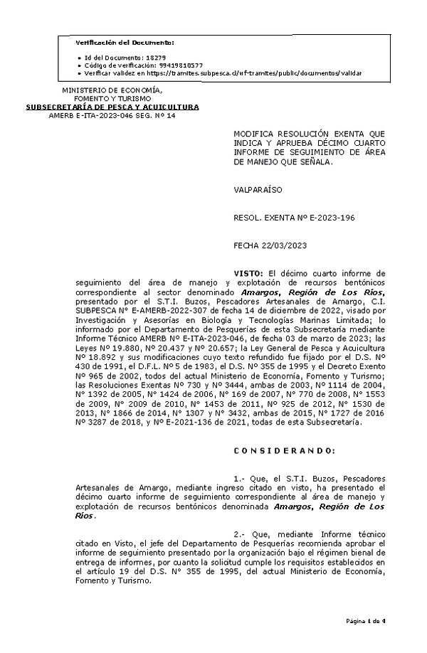 RESOL. EXENTA Nº E-2023-0196 Modifica Resolución que Indica. Aprueba 14° Seguimiento. (Publicado en Página Web 23-03-2023)