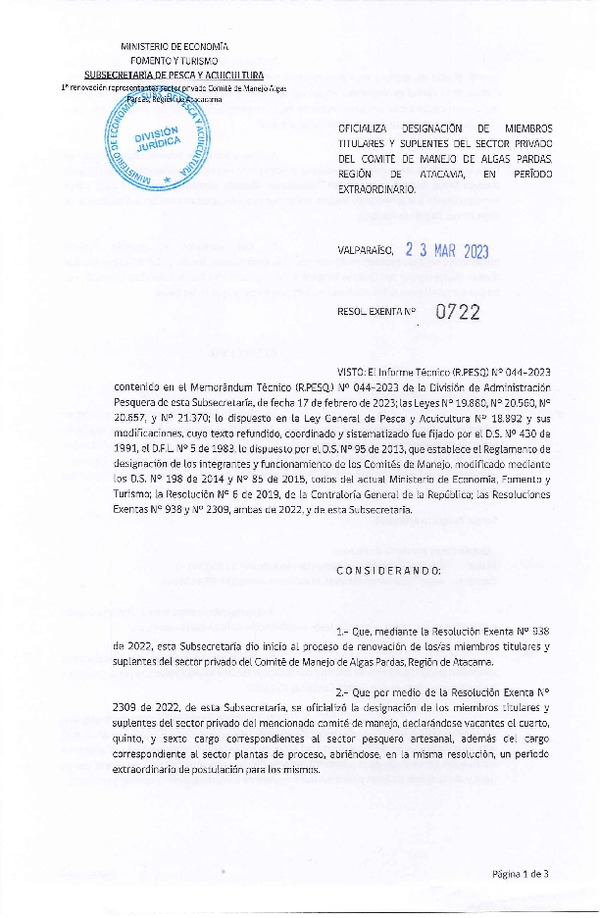 Res. Ex. N° 0722-2023 Oficializa Designación de Miembros Titulares y Suplentes del Sector Privado del Comité de Manejo de Algas Pardas, Región de Atacama. (Publicado en Página Web 23-03-2023)