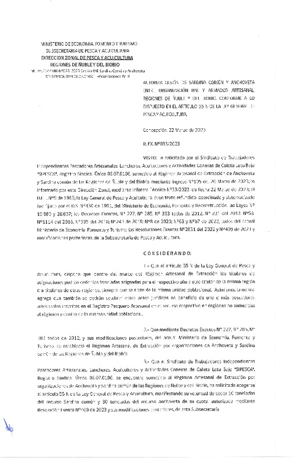 Res. Ex. N° 033-2023 (DZP Ñuble y del Biobío) Autoriza cesión Sardina común y Anchoveta. (Publicado en Página Web 24-03-2023)