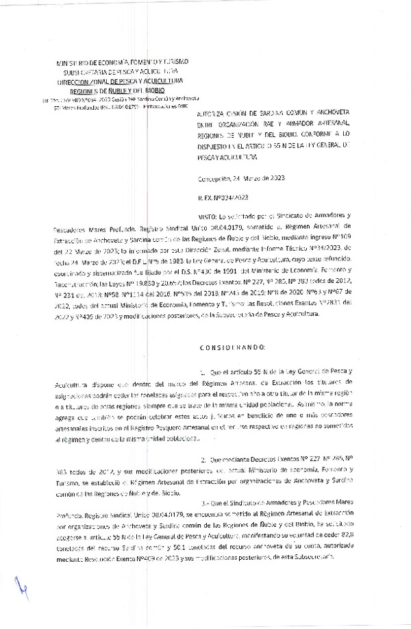 Res. Ex. N° 034-2023 (DZP Ñuble y del Biobío) Autoriza cesión Sardina común y Anchoveta. (Publicado en Página Web 24-03-2023)