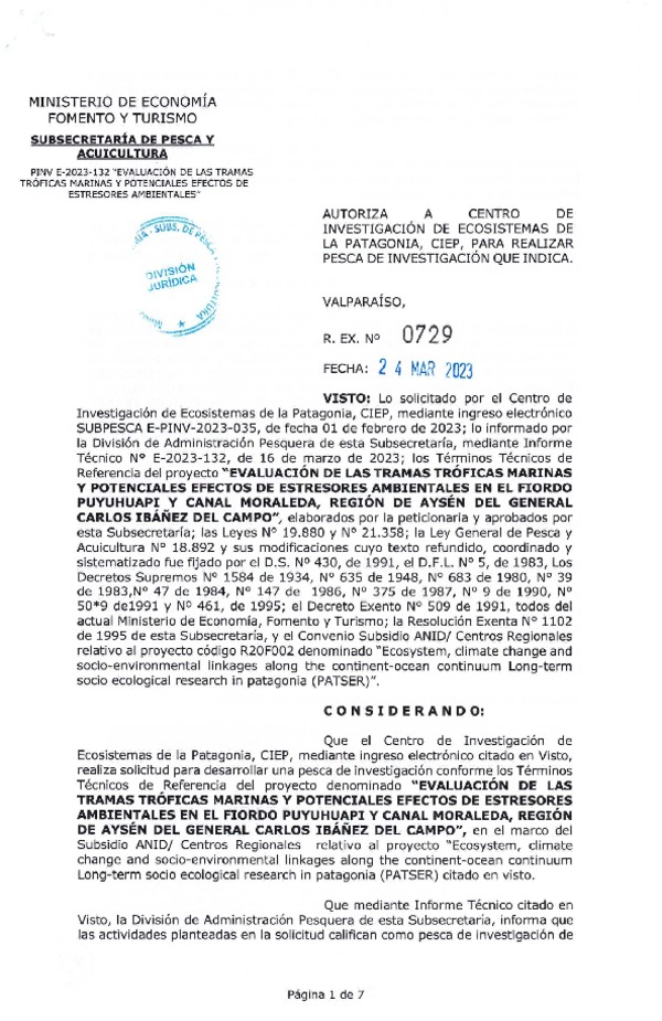 Res. Ex. N° 0729-2023 AUTORIZA A CENTRO DE INVESTIGACIÓN DE ECOSISTEMAS DE LA PATAGONIA, CIEP, PARA REALIZAR PESCA DE INVESTIGACIÓN QUE INDICA.(Publicado en Página Web 24-03-2023)