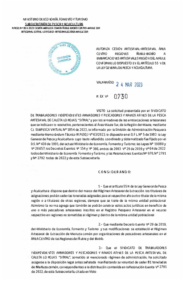 Res. Ex. N° 0730-2023 Autoriza Cesión de Anchoveta y Sardina común, Región de Ñuble-Biobío a Región del Maule. (Publicado en Página Web 27-03-2023)