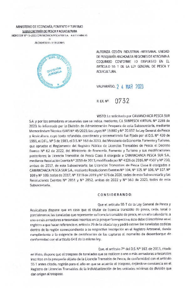 Res. Ex. N° 0732-2023, Autoriza Cesión de Jurel Regiones de Atacama a Coquimbo. (Publicado en Página Web 27-03-2023).