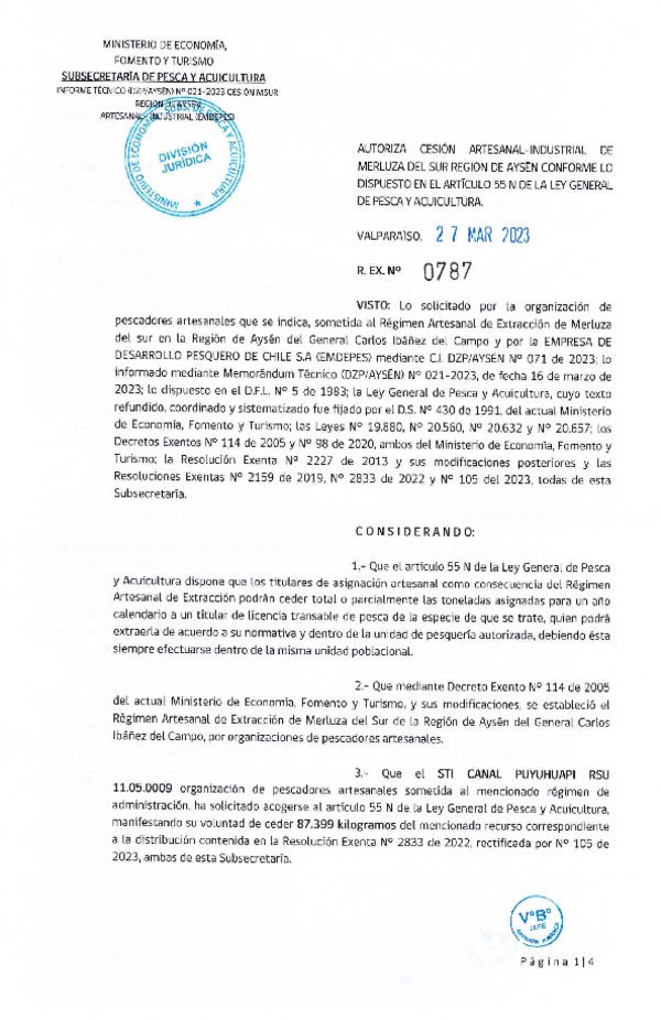 Res. Ex N° 0787-2023, Autoriza Cesión de Merluza del Sur Región de Aysén. (Publicado en Página Web 28-03-2023).