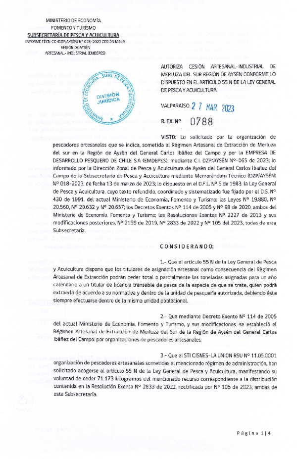 Res. Ex N° 0788-2023, Autoriza Cesión de Merluza del Sur Región de Aysén. (Publicado en Página Web 28-03-2023).