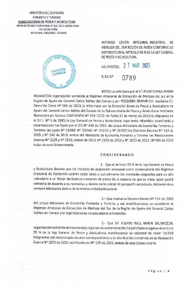 Res. Ex N° 0789-2023, Autoriza Cesión de Merluza del Sur Región de Aysén. (Publicado en Página Web 28-03-2023).